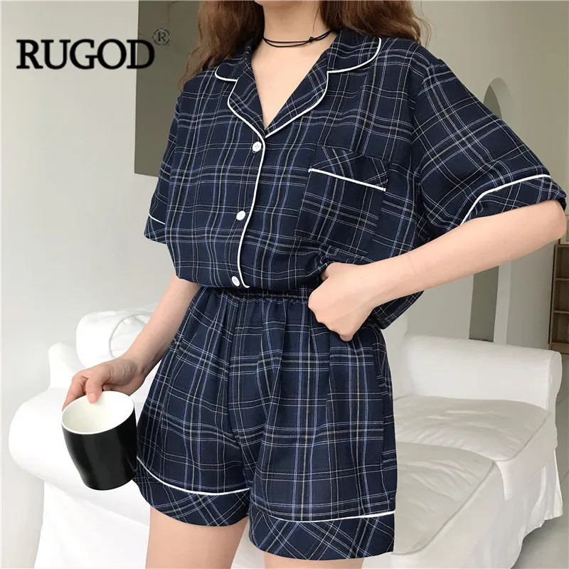 RUGOD Новая Винтажная клетчатая пижама, женская модная рубашка с коротким рукавом+ шорты, комплект из двух предметов, одежда для сна, Повседневная пижама