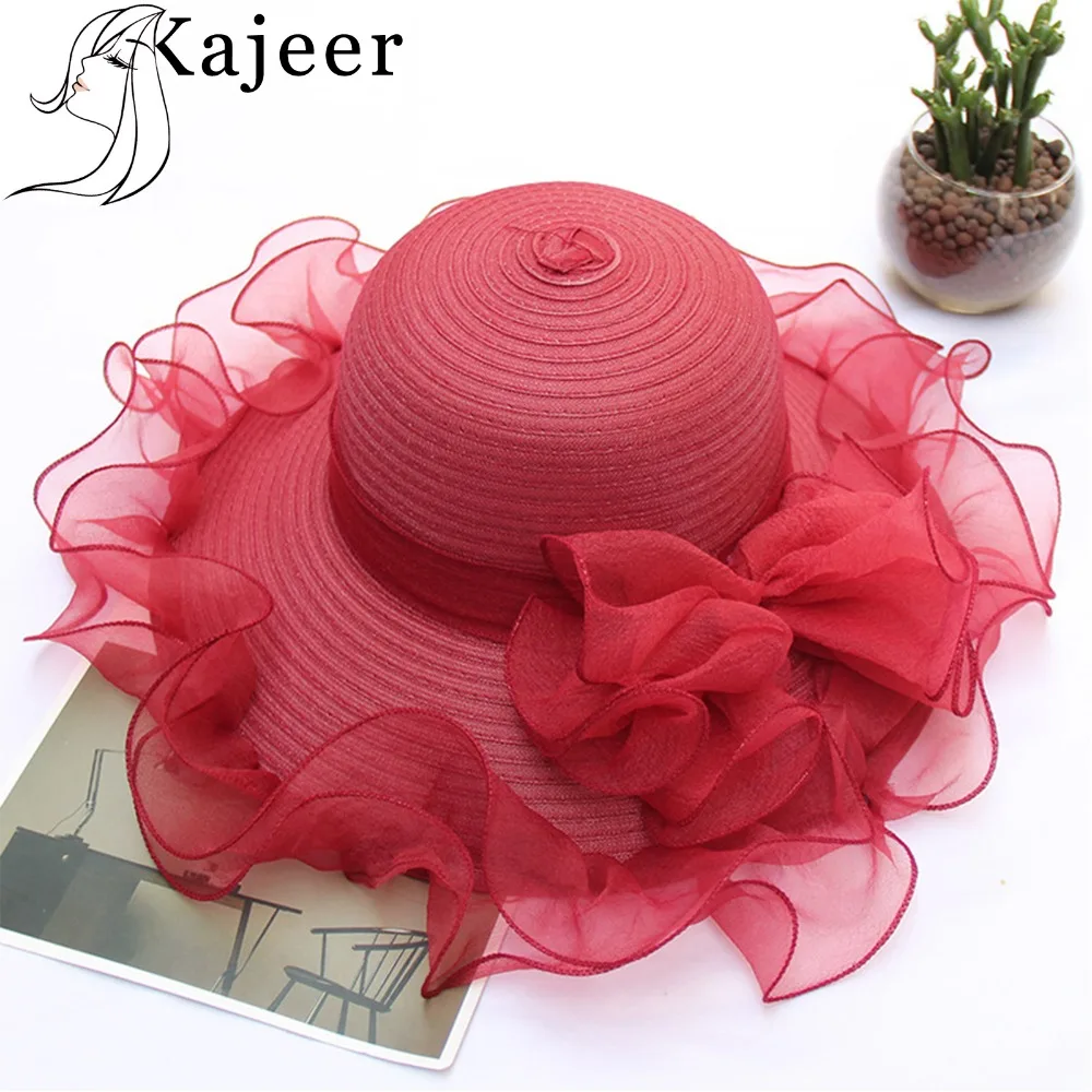 Kajeer, Кружевная Сетка, модные летние солнечные шляпы из органзы для женщин, элегантная женская церковная винтажная шляпа с широкими большими полями с большим цветком