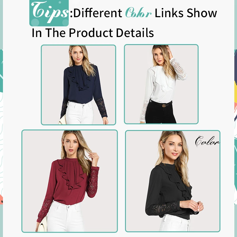 SHEIN Модный Топ С Оборкой И Кружевной Вставкой Женская Весенняя Элегантная Блузка Со Стоячим Воротником И Длинными Рукавами