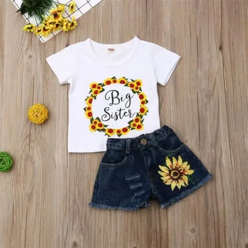 2019 Canis Summer Matching Newborn Kid Baby Little/Big Sister T-shirt Romper Shorts Outfit Clothes Sunflower Set 2Pcs | Мать и ребенок