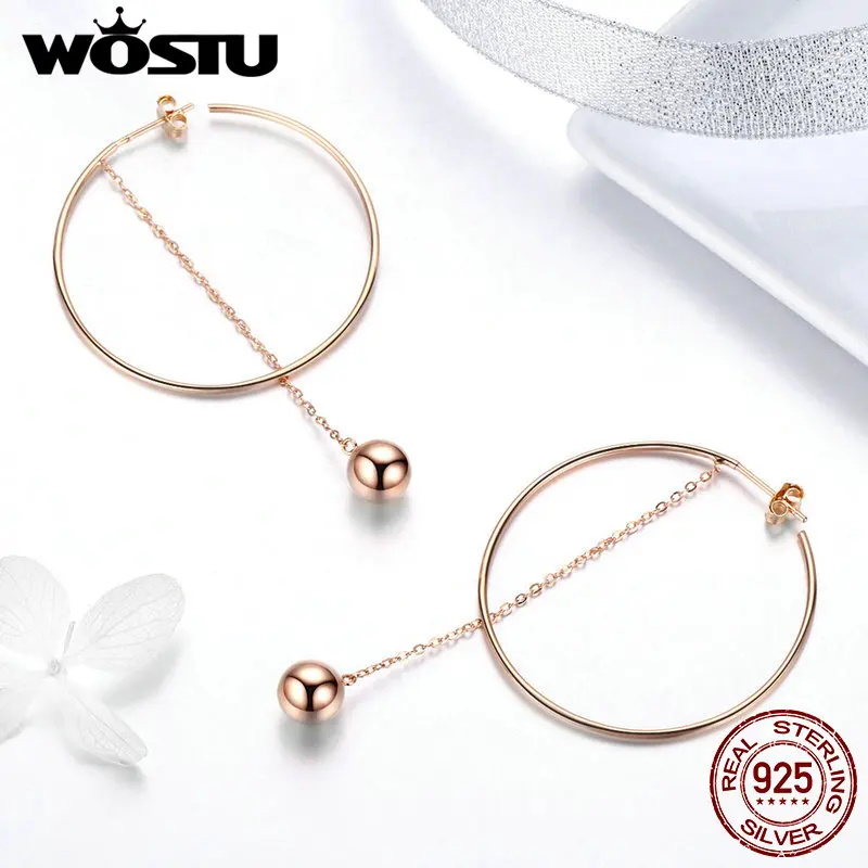 WOSTU, минималистичный стиль, 925 пробы, серебро, эльф, шар, розовое золото, висячие серьги для женщин, большие серьги, свадебные ювелирные изделия, DXE569
