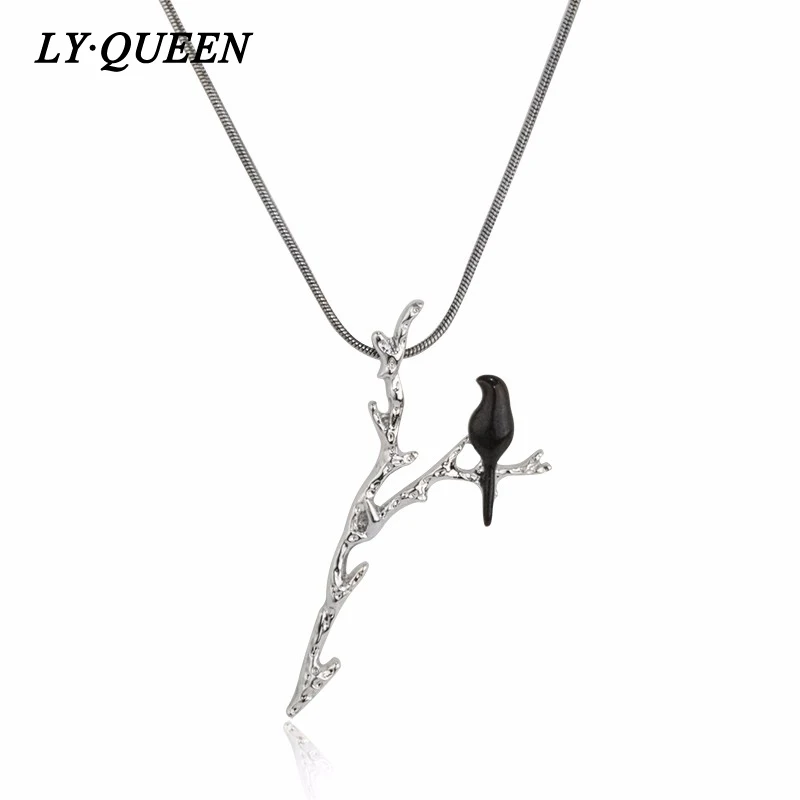 Женское винтажное ожерелье с эмалью черная птица на Y образной ветке изящный