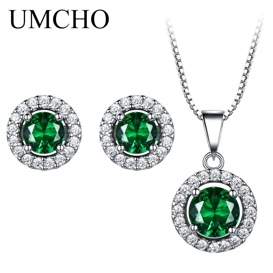

UMCHO 925 Sterling Silver Jewelry Sets Created Emerald Earrings Necklace Pendants Elegant Birthday Gifts For Women Fine Jewelry
