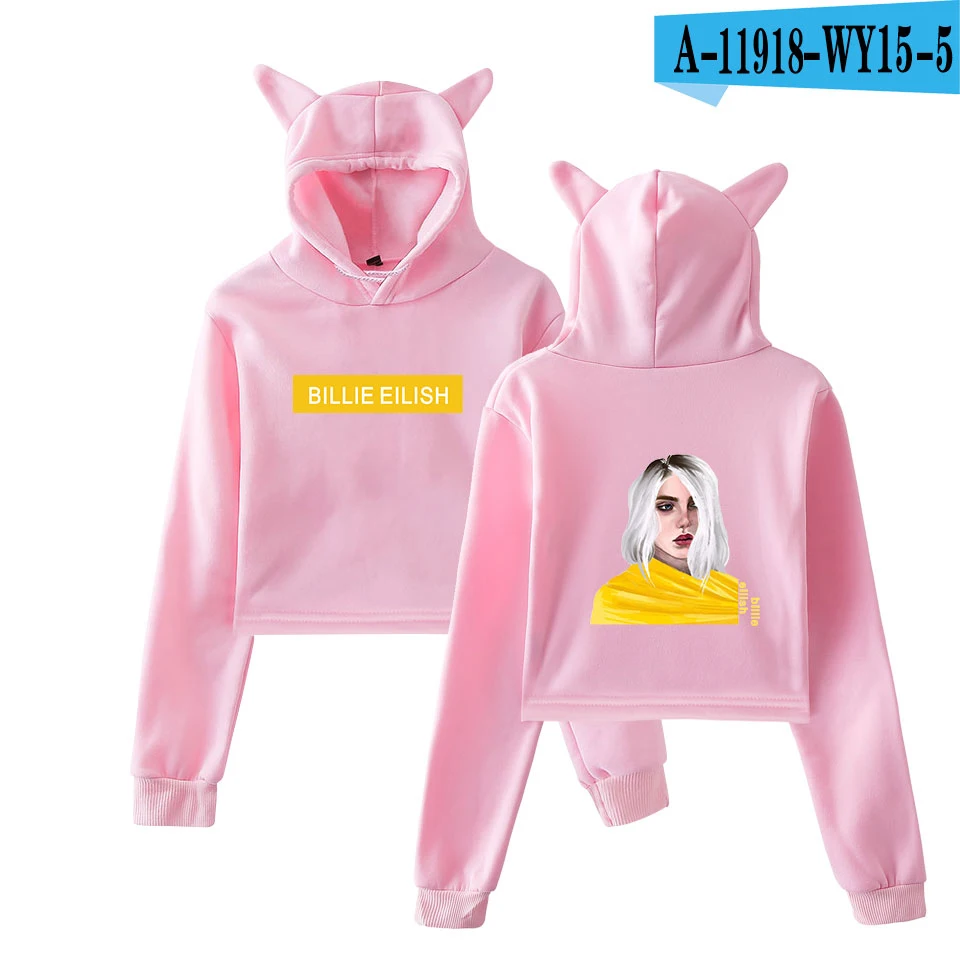 Billie Eilish Толстовка Harajuku милый кот Негабаритных Толстовки Кофты Розовый женский хит-хоп толстовка летняя укороченная верхняя одежда - Цвет: Коричневый
