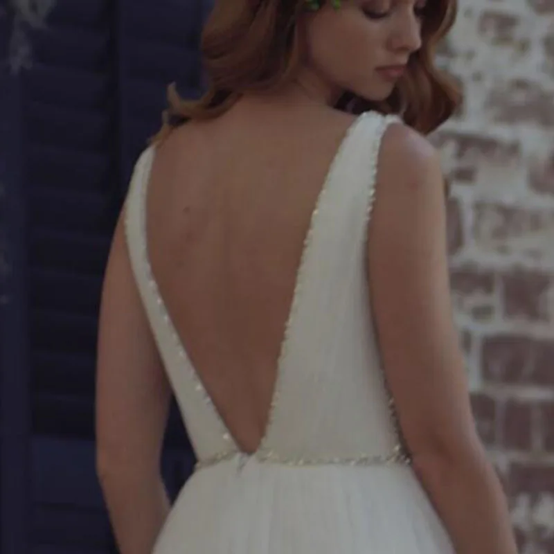 Sexy V-neck Crystal Beading Vestidos De Novia Backless Pleated Tulle A-line Long Beach Wedding Dresses 2020 Marriage Bridal Gown | Свадьбы и