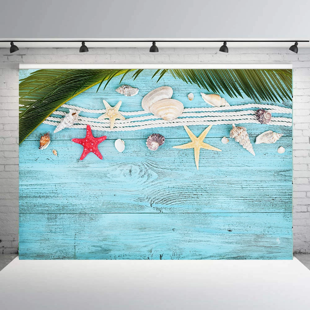 

BIEPOTO Photography backdrop blue wood summer Starfish shell baby shower birthday party decor photo background studio prop b-105