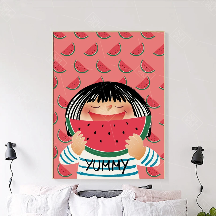 Детские постеры декоративные в скандинавском стиле милая девочка арбуз живопись