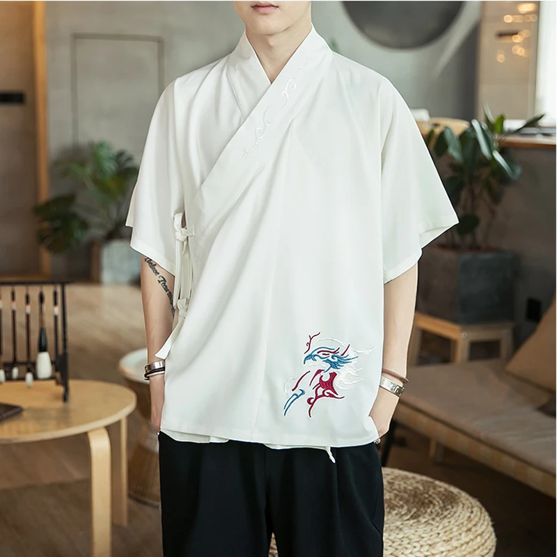 Chinese Style Shirts Men Summer Casual Vintage Mens Shirts Fashion Print Male Cotton Linen Male Clothing - Цвет: Белый