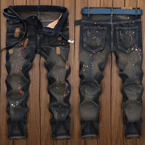 2018 Новая мода Для мужчин Эластичный Ripped Skinny Краски байкерские джинсы уничтожены