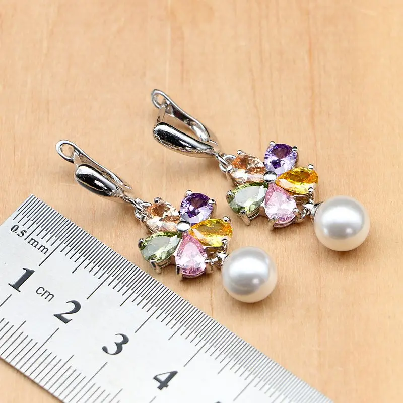 Цветок многоцветный Циркон с жемчугом Ювелирные наборы 925 серебряные свадебные