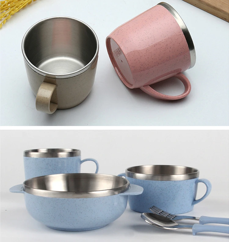 BIKABI коробка упакована 5 шт. Пшеничная солома+ S/S 304 сделано BPA Бесплатный Набор посуды для детей твердая Кормление детская посуда набор посуды