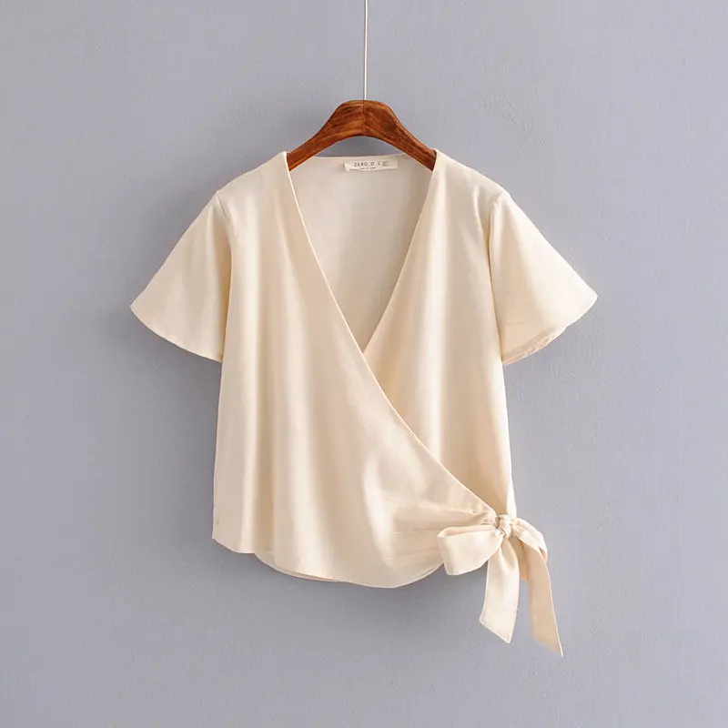 Новинка женская мода крест v-образный вырез короткий рукав подол бант