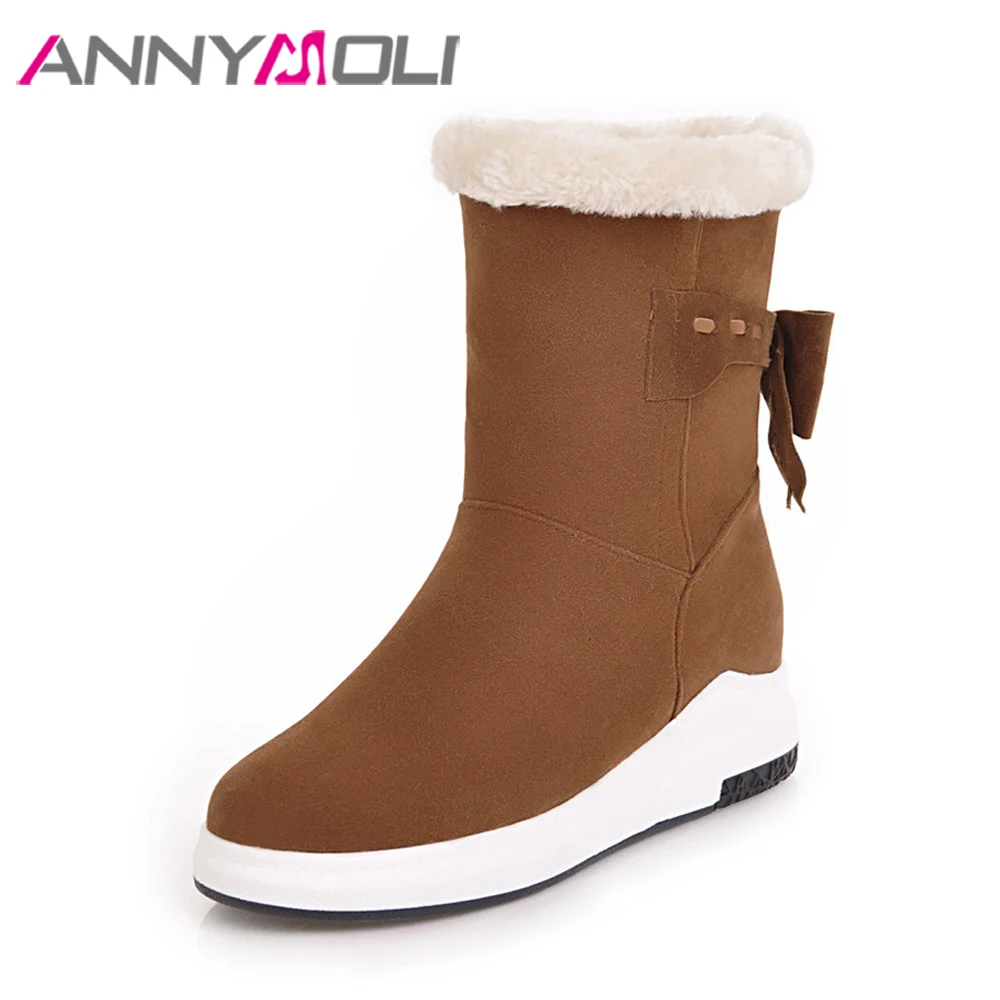 

ANNYMOLI Winter Snow Boots Fur Warm Women Mid-Calf Boots Bow Platform Wedges Boots Plush Shoes 2017 Big Size 34-43 botas mujer