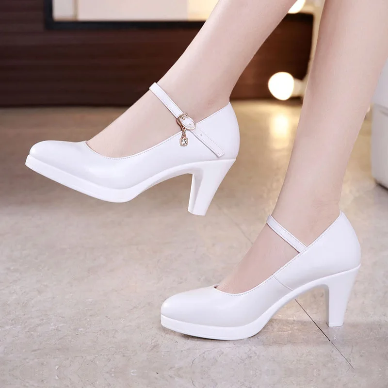white 6cm heel Серебристые свадебные туфли на квадратном каблуке; женские туфли-лодочки на платформе; коллекция года; сезон осень; обувь на высоком каблуке; женская кожаная офисная обувь; большие размеры 42-43 - Цвет: white 6cm heel