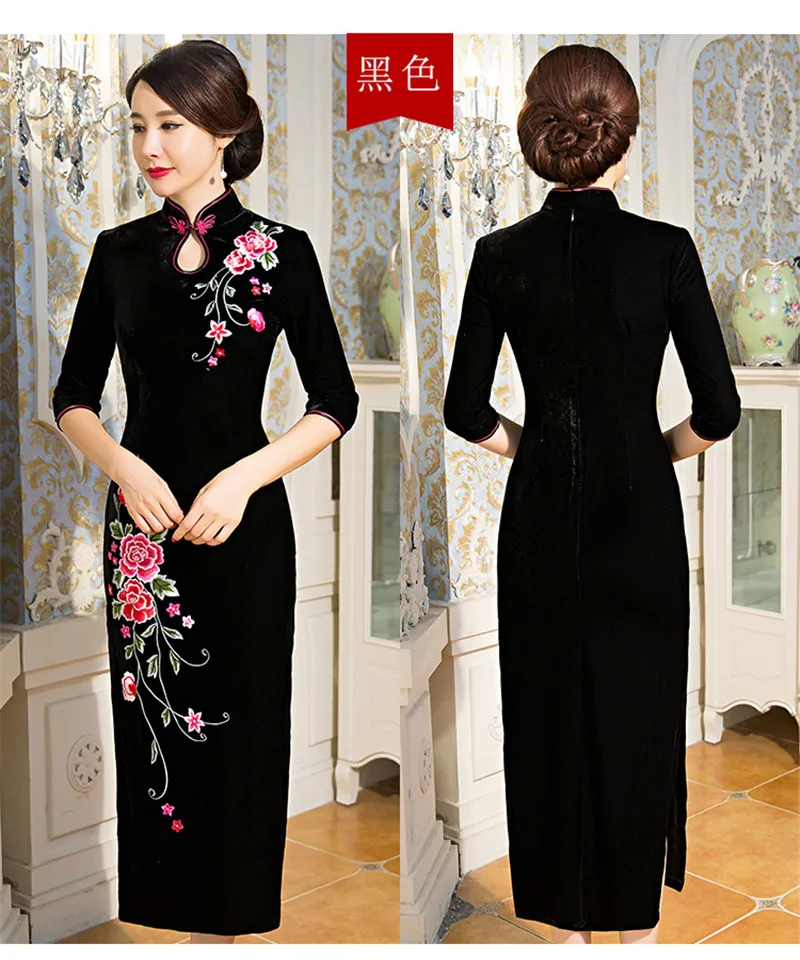 Для женщин большой размеры длинные бархатные Cheongsam вышивка мать Стенд воротник Длинные Qipao платье Половина рукава свадебный банкет 3XL 4XL