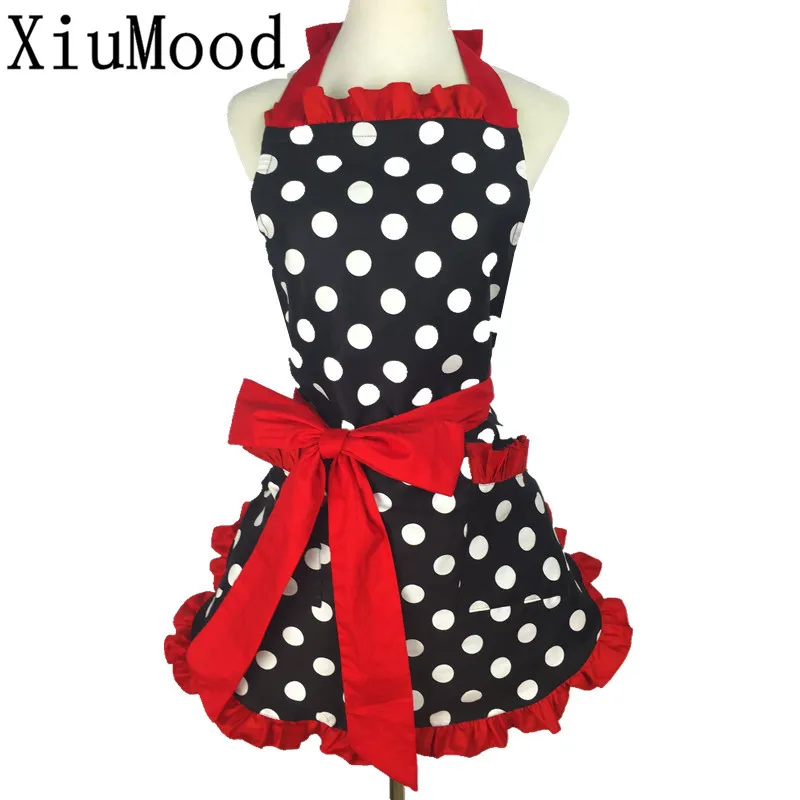 

XiuMood New Cute Bib 100% Cotton Apron Dress Flirty Vintage Kitchen Women Dots With Lace Pocket Gift