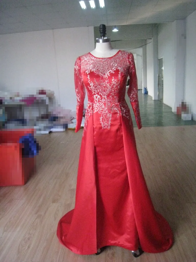 Вышивка Вечерние Платья Длинные Русалка 2017 С Длинным Рукавом Атласная