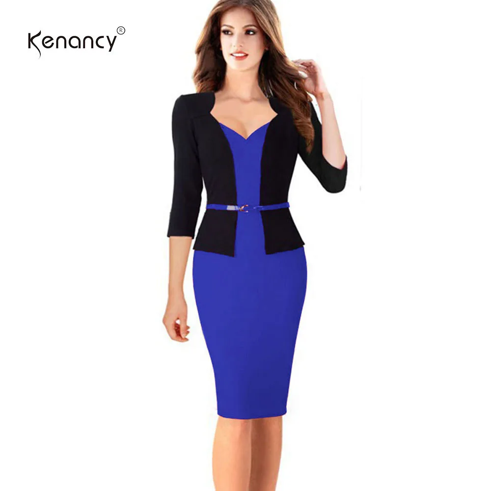 Blue Kenancy, 2 цвета, с поясом, цветной блок, пэтчворк, платье-карандаш для женщин, рукав 3/4, v-образный вырез, длина до колен, с разрезом сзади, облегающее платье - Цвет: Blue