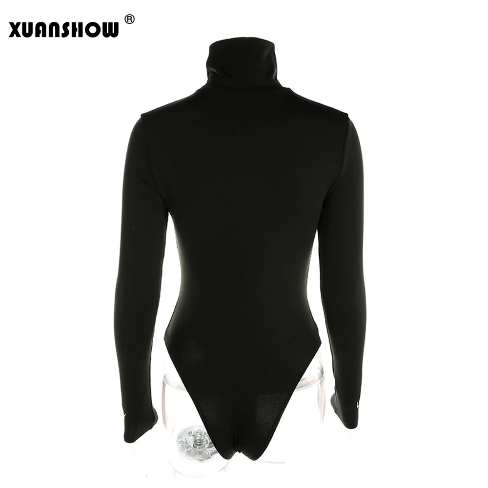 XUANSHOW модные облегающие Женские Боди с высоким воротником и длинным рукавом, черные боди с надписью LUCKY, женская одежда