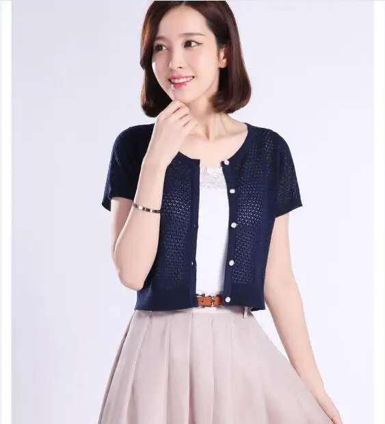 Новый летний и весенний женский ажурный трикотажный тонкий вязаный кардиган с