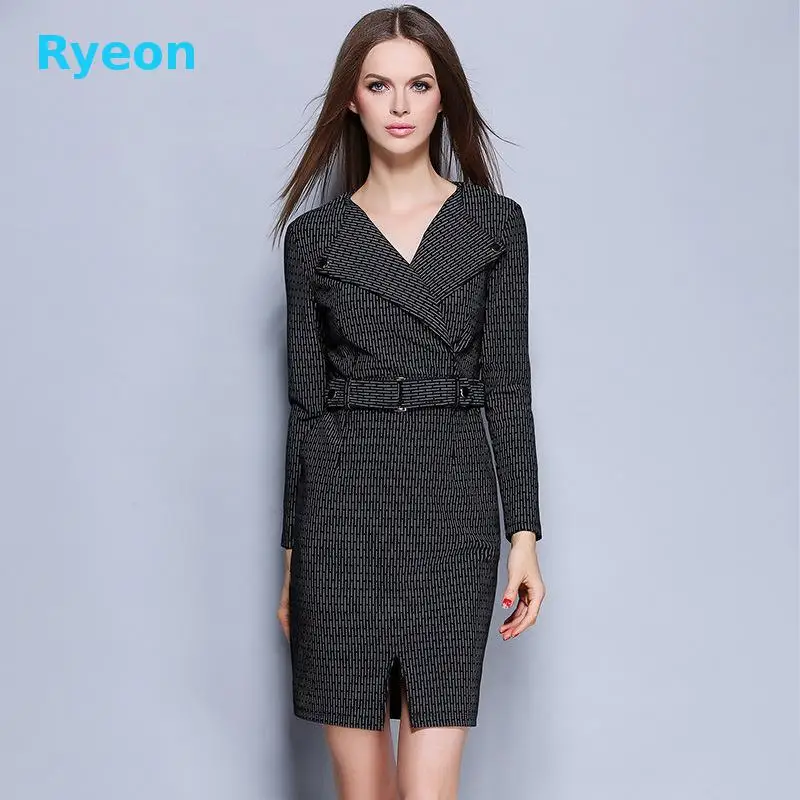 2016 European Ryeon Fashion Women Dress Turn-down Collar Slim Striped High Quality Simple Style Belt Free Shipping | Женская одежда