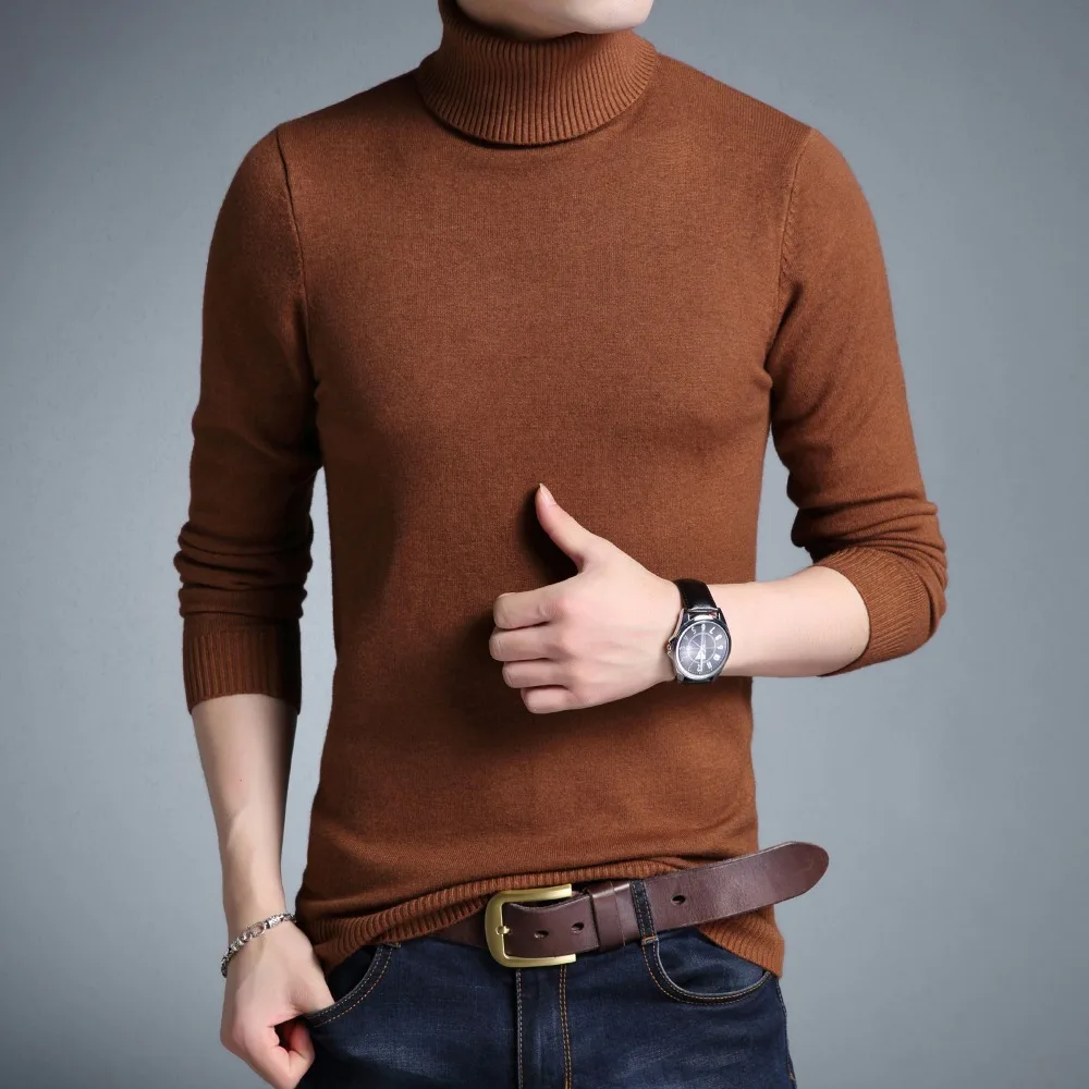 Мужская Повседневная Базовая трикотажная водолазка Slim Fit пуловер Теплоизоляционный свитер