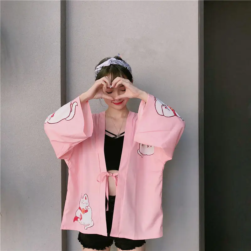 Neploe японский кимоно с принтом кота кардиган Harajuku свободное кимоно розовые блузки feminino верхняя одежда рубашки женские пальто 35714