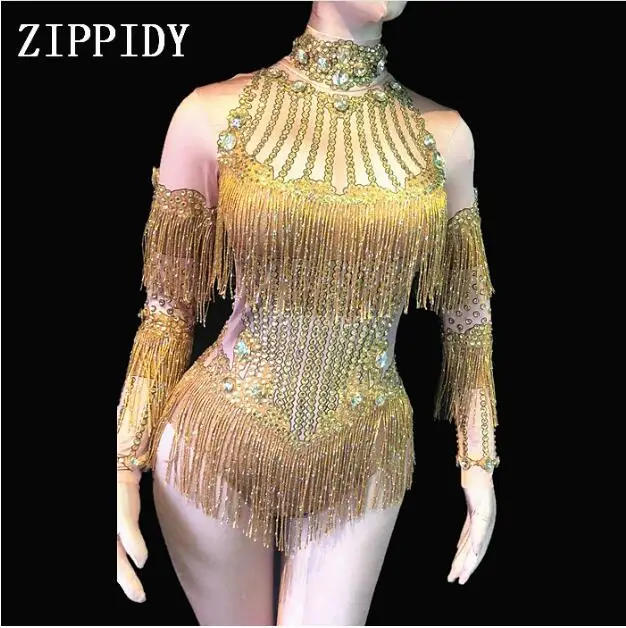 Glisten Big Rhinestones Spandex Bodysuit Gold Tassel Women's Costume Birthday Celebrate Outfit Singer Dance Show Evening Wear