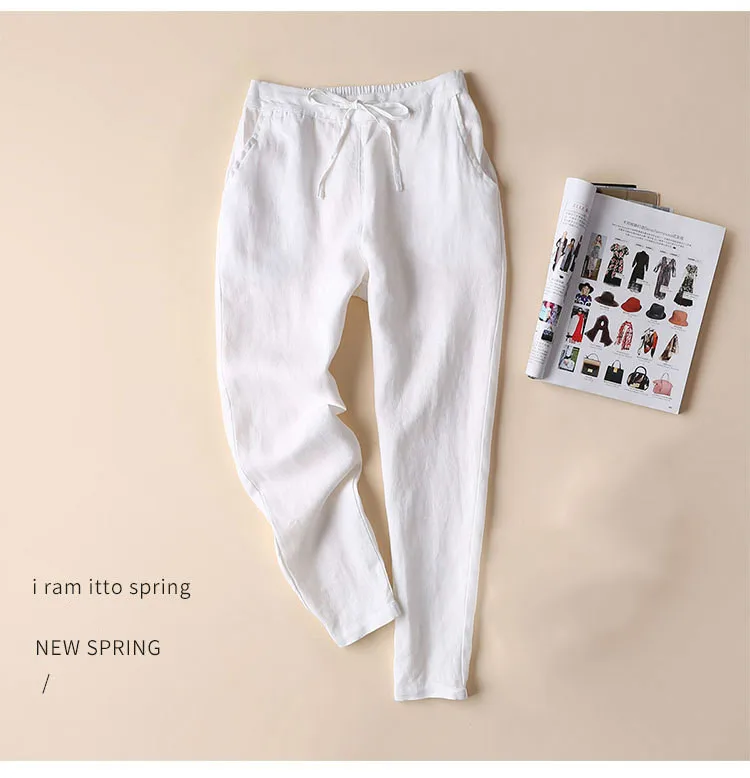 Female Summer Cotton Linen Pants Korean Plus Size 3xl Khaki Pencil Pants Girls Loose Slim Trousers Women Casual Lace Up Capri