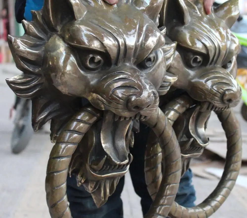 17" Chinese BRASS Guardian Foo Fu Dog Lion Head Knocker Doorknocker Statue Pair | Дом и сад