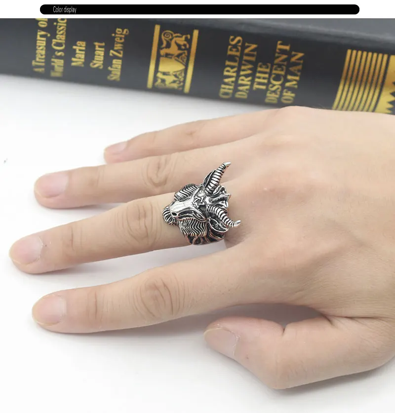 Дьявол сатана панк Для мужчин Jewelry гексаграмма черного козла овец кольцо Винтаж Титан Сталь Для мужчин S Biker Кольца Анель masculino