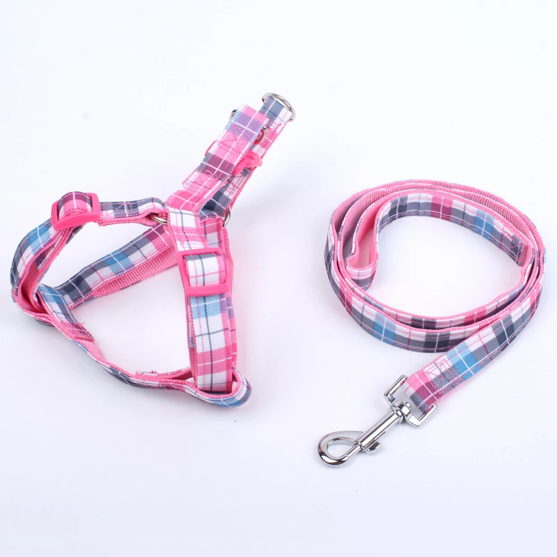 Шлейка для собак с поводком 120 см модная нейлоновая шлейка в клетку розовом синем