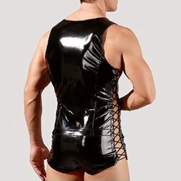 Мужской боди в стиле панк из черной лакированной кожи сексуальный без рукавов с