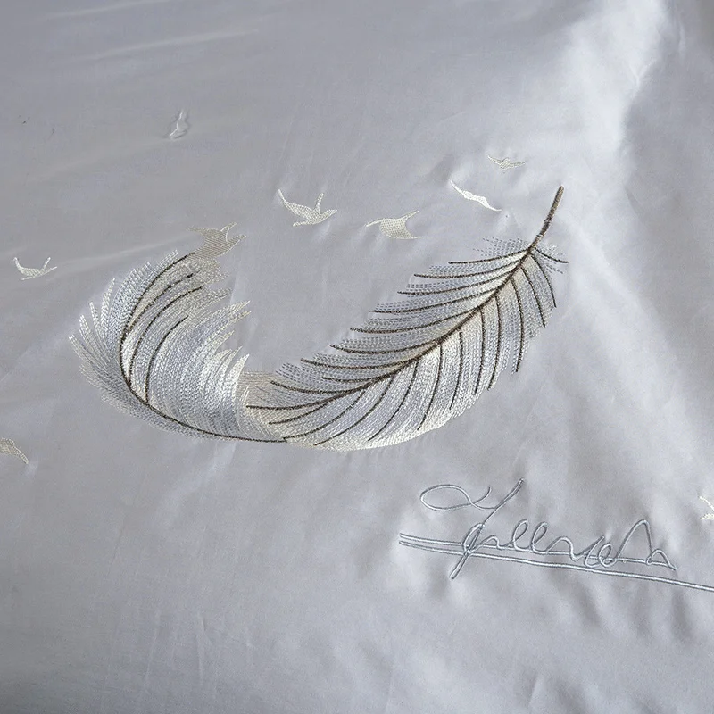grey feather embroidery bedding sets egyptian cotton bed set queen king size duvet cover sheet pillowcase 4/6pcs | Дом и сад