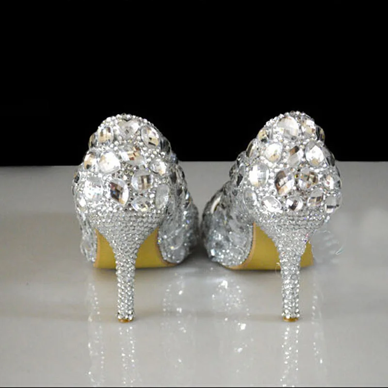 Серебристые официальные туфли со стразами ручной работы 2018 свадебные с острым