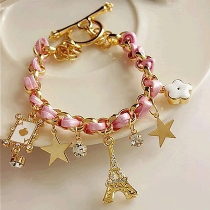 Romantic Pink Flower Love poker Eiffel Tower Bracelet Fashion Jewelry for Women Girls Weave Charm Star Anklets Gift | Украшения и