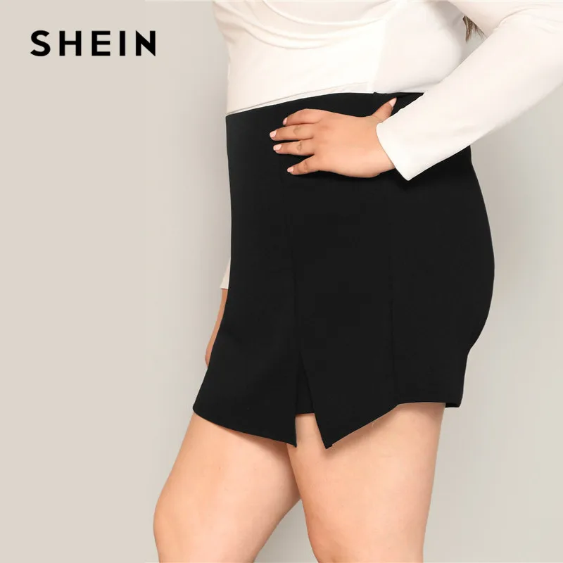 SHEIN, черные повседневные женские шорты с разрезом, плюс размер, юбки,, летние шорты со средней талией на молнии сзади