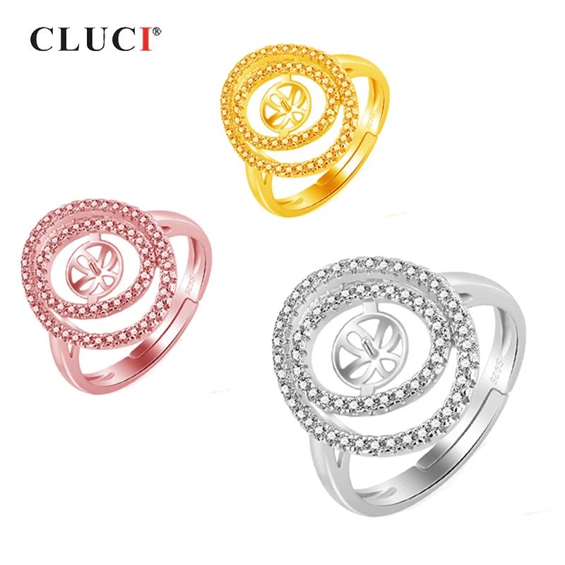 

CLUCI 925 Sterling Silver Adjustable Big Pearl Ring Mounting Luxury Zircon Ring For Women Femme Wedding Rings Jewelry SR2128SB
