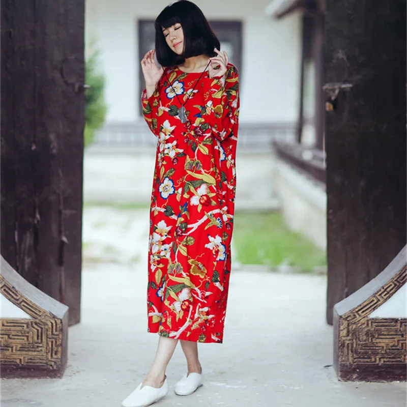 SCUWLINEN 2019 Восточной Стиль Весна Повседневные платья с длинным рукавом Цветочный