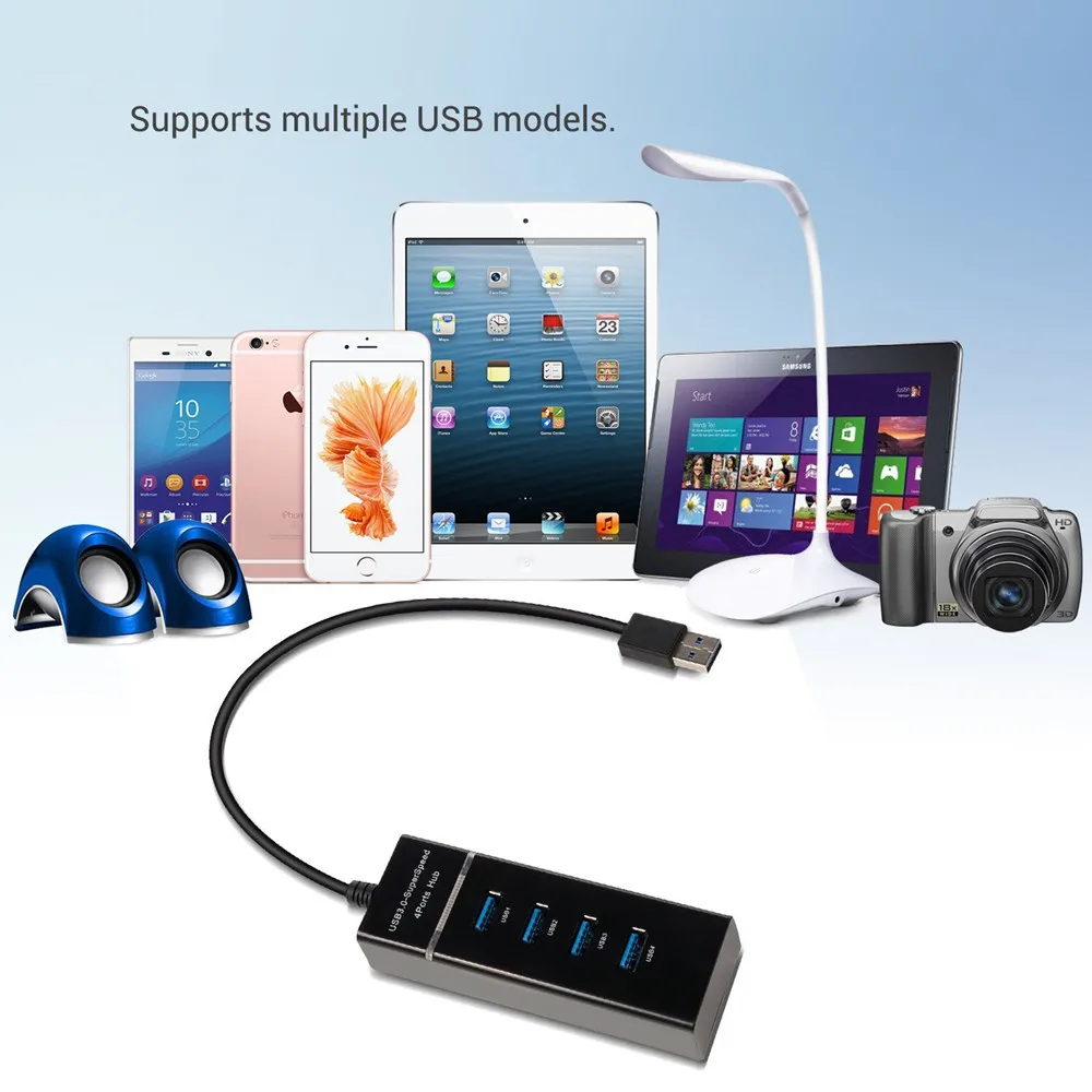 Портативный USB 3,0 Супер скорость 4 порта концентратор со светодиодный светильник ультра тонкий USB разветвитель Кабель-адаптер для ноутбука, USB флэш-накопители