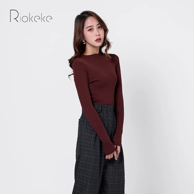 Riokeke O-neck Slim Minimalist Sweater Female Long-sleeved Knitted Autumn Winter Women High elastic Pullovers | Женская одежда