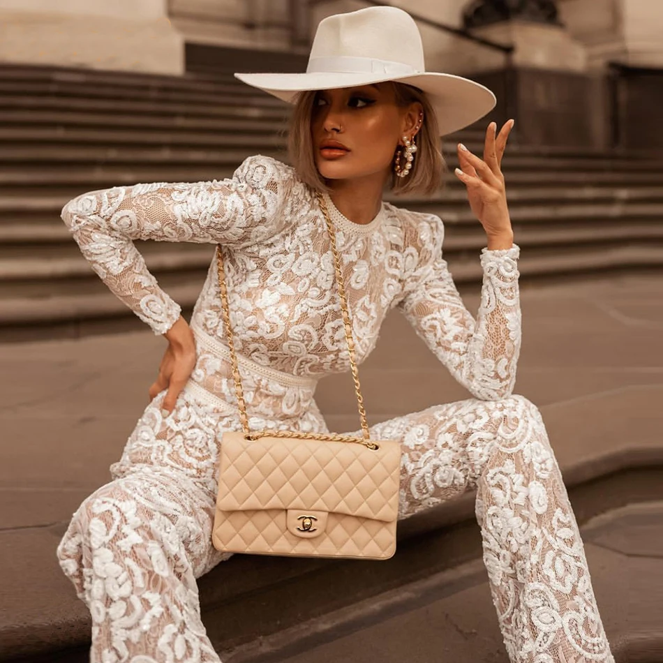 New lace full length jumpsuit fashion women's long sleeve wide leg Bodycon onesies celebrity runway party jumpsuit