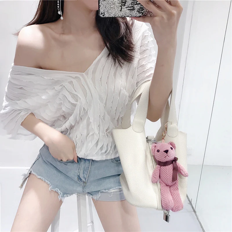 Женская шифоновая блузка ALPHALMODA летняя Свободная с треугольным вырезом | одежда