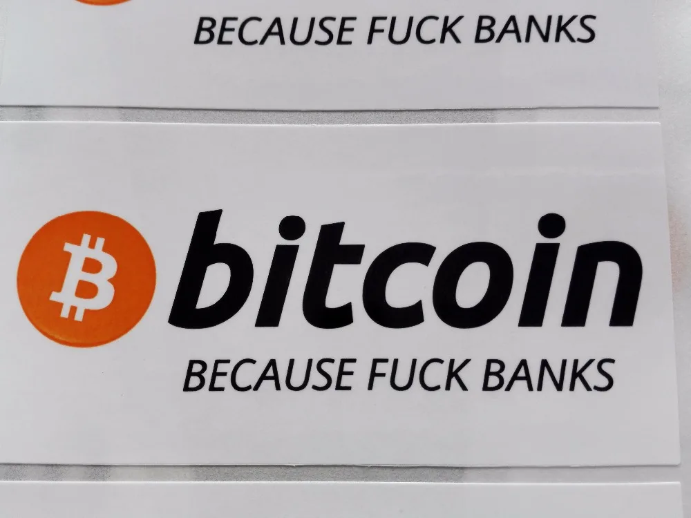 120pcs/lot 8x4cm bitcoin because love bank stickers Self-adhesive cryptocurrency label, Item No.FS19