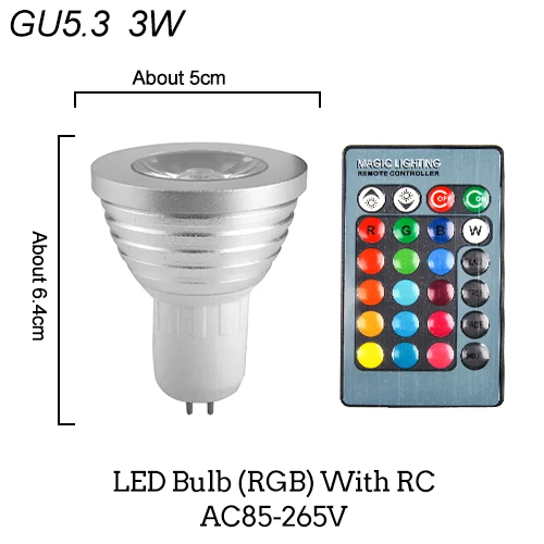 GU5.3 3W With RC E27 E14 RGB светодиодный лампа 3W 5W 10W Цвет Magic Точечный светильник дистанционного Управление затемнения 24key Праздник Светодиодный Ночной светильник 110V 220V - Испускаемый цвет: GU5.3 3W With RC