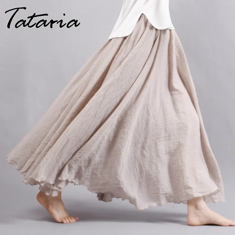 Tataria/Женская юбка из хлопка и льна, плиссированная трапециевидная юбка с высокой талией, Женская винтажная Однотонная юбка с эластичной резинкой на талии до щиколотки