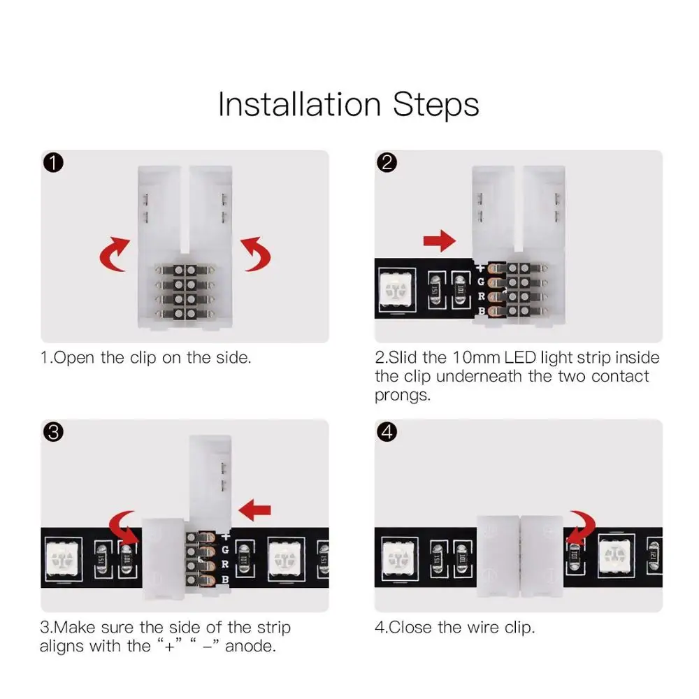 20pcs 10mm 4-pin Solderless Clip-on Coupler Connector 5050 RGB LED Strip Light | Обустройство дома