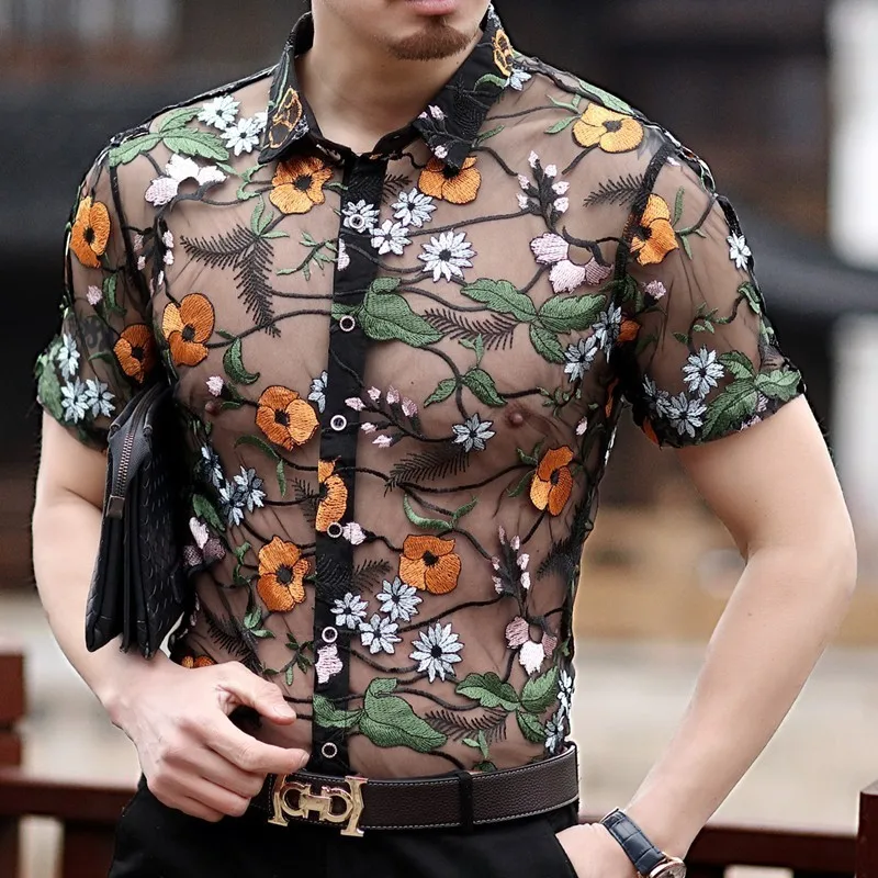 

Flower Lace Shirt Embroidery See Through Shirt Men Chemise Homme Marque Luxe Mesh Transparent Shirt Summer Short Sleeve Shirt