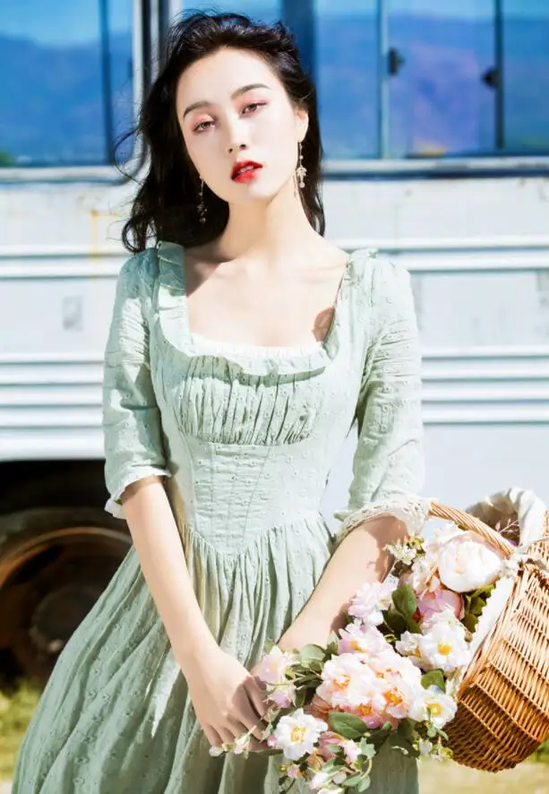 Женское платье с высокой талией мятно-зеленое винтажное Элегантное Длинное