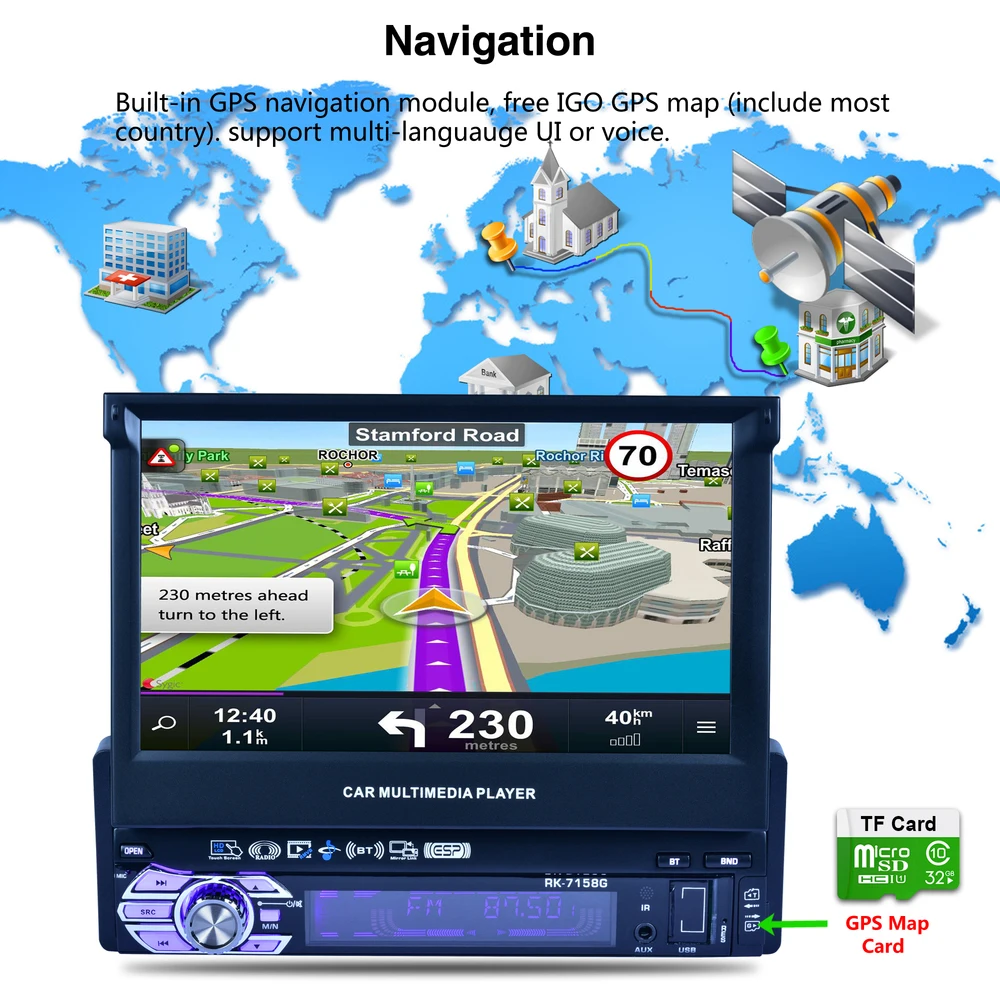 Universal 7158G Car GPS Navigation with Map One Din Multimedia Player 7 colors Radio inch Touch Screen Mirror Link Subwoofer | Автомобили